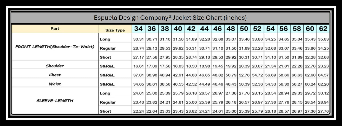 Espuela Design Company jacket size chart with measurements in inches.