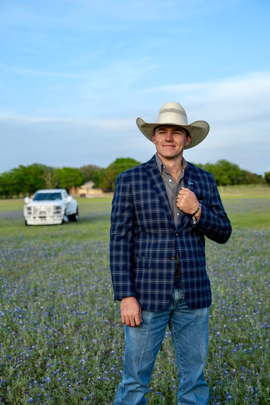 New! Summer Dark Blue Double Plaid Cowboy Sport Coat