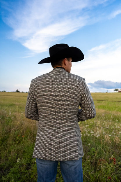 Black and White Cowboy Sport Coat styled with denim jeans and boots for Western formal look