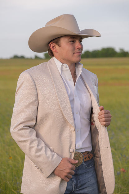 Side view of cream paisley cowboy sport coat tailored for Western formal wear