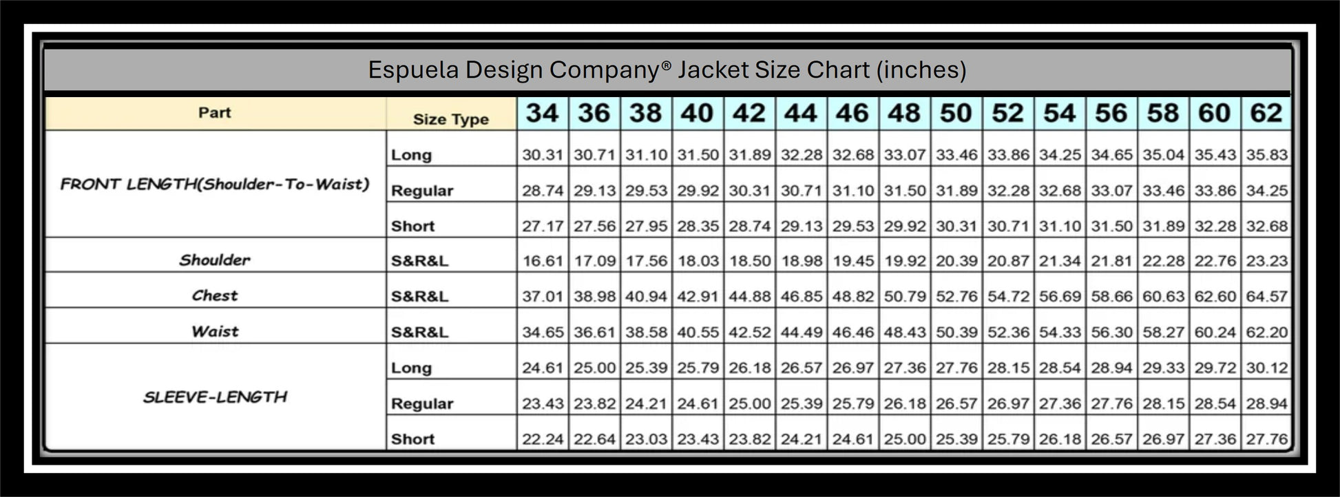 Espuela Design Company jacket size chart with measurements in inches.