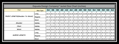 Espuela Design Company jacket size chart with measurements in inches.