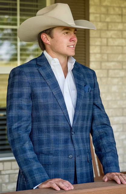 Denim Blue Plaid Cowboy Sport Coat – Tailored Western Dress Jacket