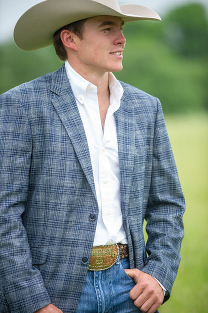 Dark Grey Western sport jacket paired with jeans and cowboy boots