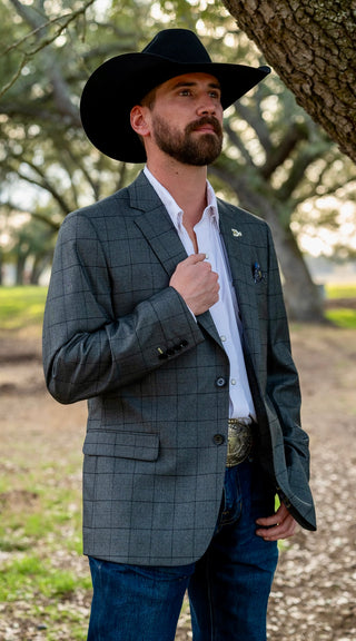 Pewter Grey Windowpane Cowboy Sport Coat | Modern Athletic Fit Western Blazer