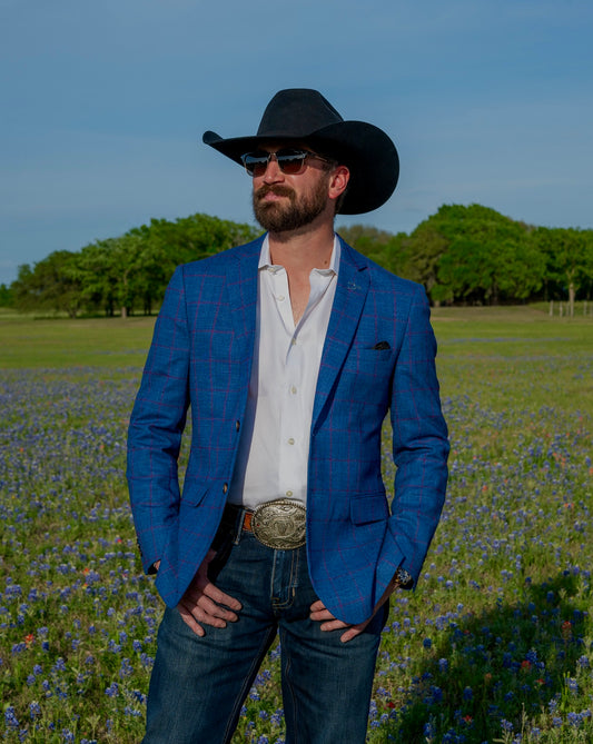 Summer Indigo Blue Windowpane Cowboy Sport Coat