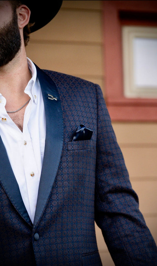 Hugh Heff Cowboy Smoking Jacket — navy and plum etched western evening jacket by Espuela Design Co.