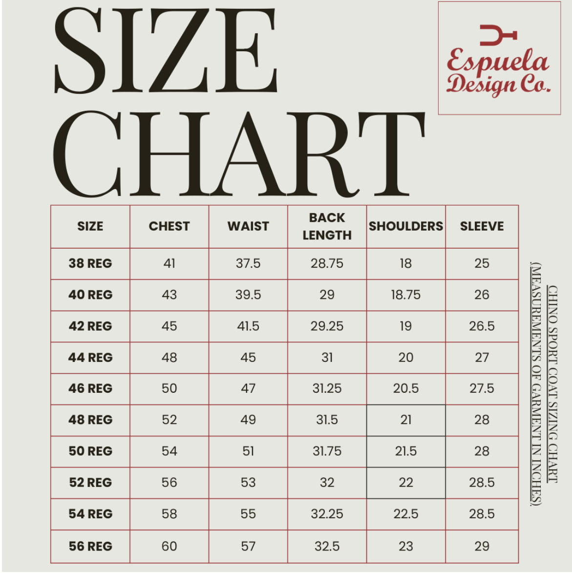 Size chart for clothing with measurements in inches, branded by Espuela Design Co.