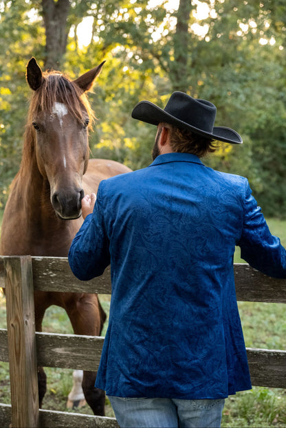 Back view of Royal Blue Etched Paisley Cowboy Sport Coat showing classic western silhouette.