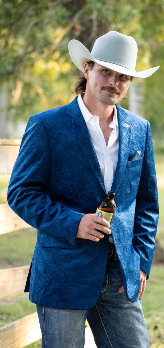 Royal Blue Etched Paisley Cowboy Sport Coat — Classic Fit western formal jacket designed in Texas by Espuela Design Co.