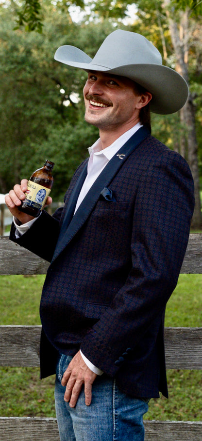 Espuela Design Co. luxury western smoking jacket — navy and plum Hugh Heff design.