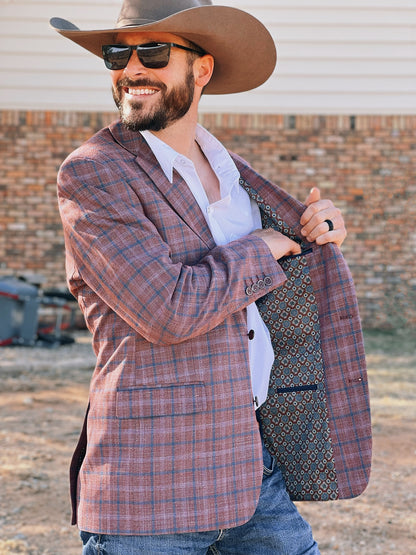 Men’s Western dress jacket in brick red plaid with tailored silhouette and classic fit
